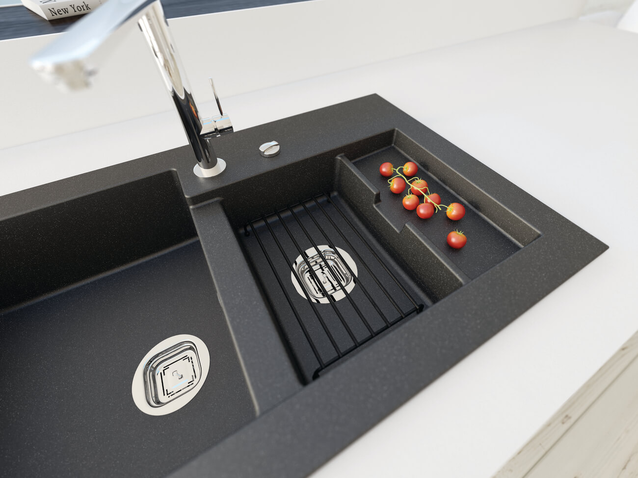 Double-bowl composite kitchen sink with visible drains