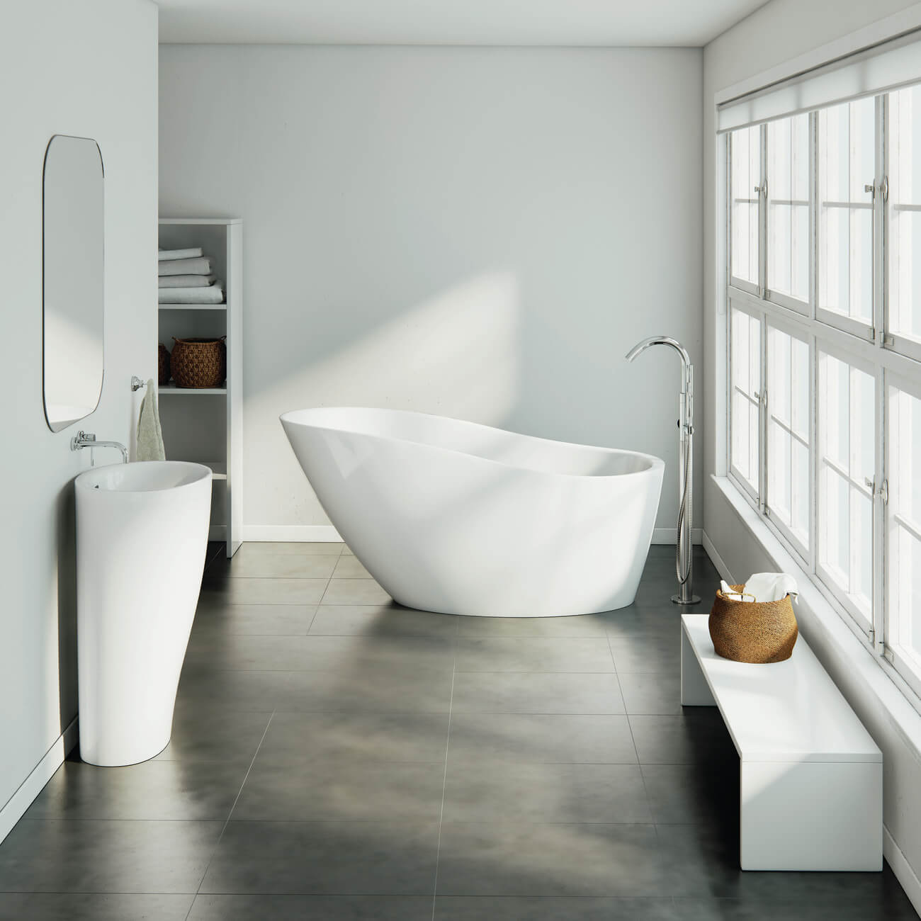 Freestanding bathtub and washbasin arranged in a balanced bathroom layout for private label, ODM and retail sales