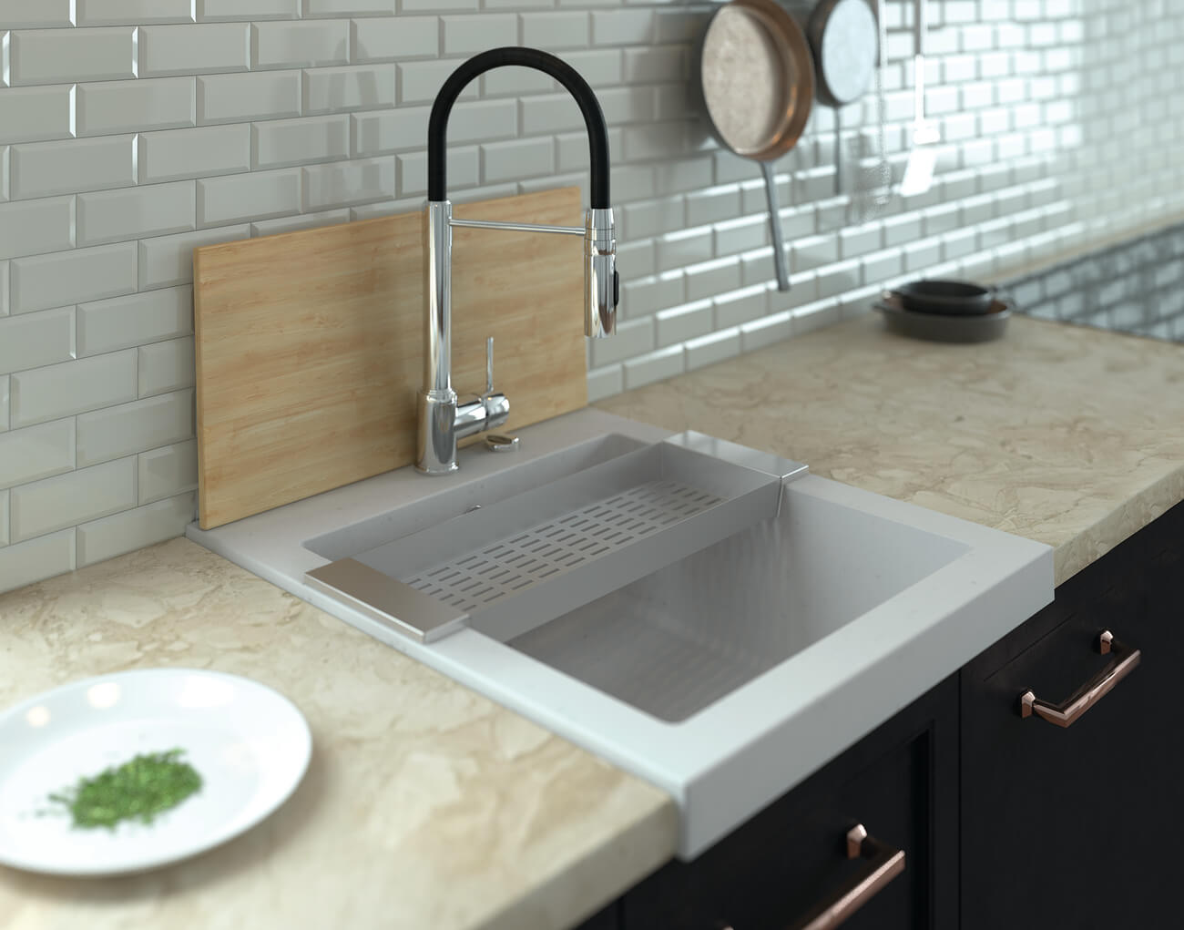 Inset kitchen sink installed in kitchen countertop, minimalist design, durable surface for everyday kitchen use
