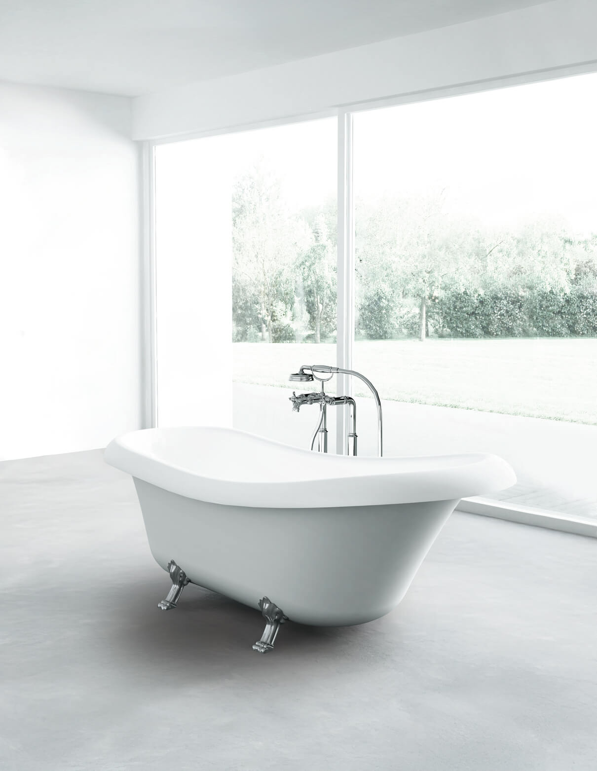 Bright classic bathroom with a freestanding custom bathtub positioned by large windows