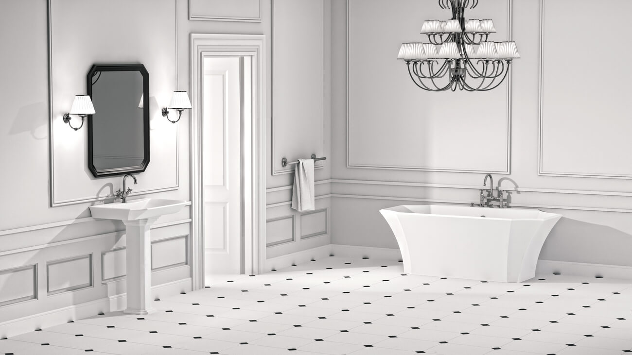 Classic white bathroom with a pedestal basin and a freestanding bathtub