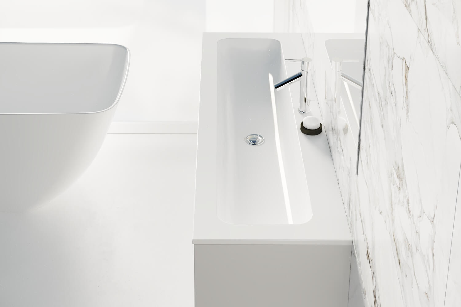 Clean bathroom layout with washbasin placed next to freestanding tub