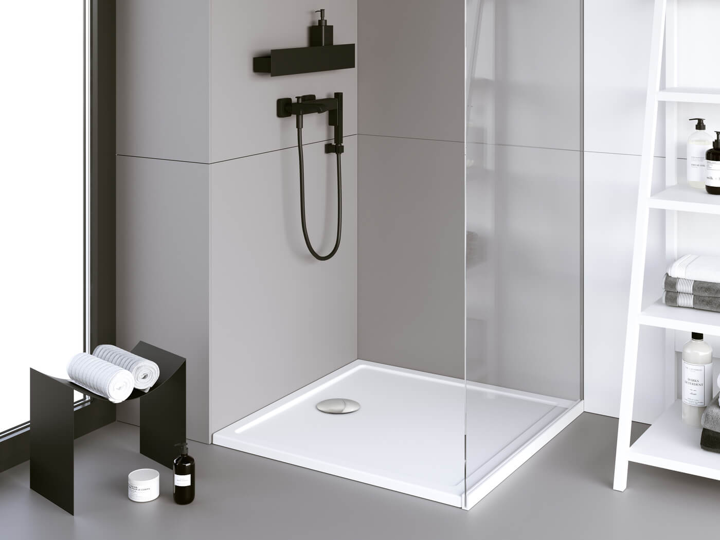 OEM shower tray with stone-effect surface in a modern walk-in shower installation