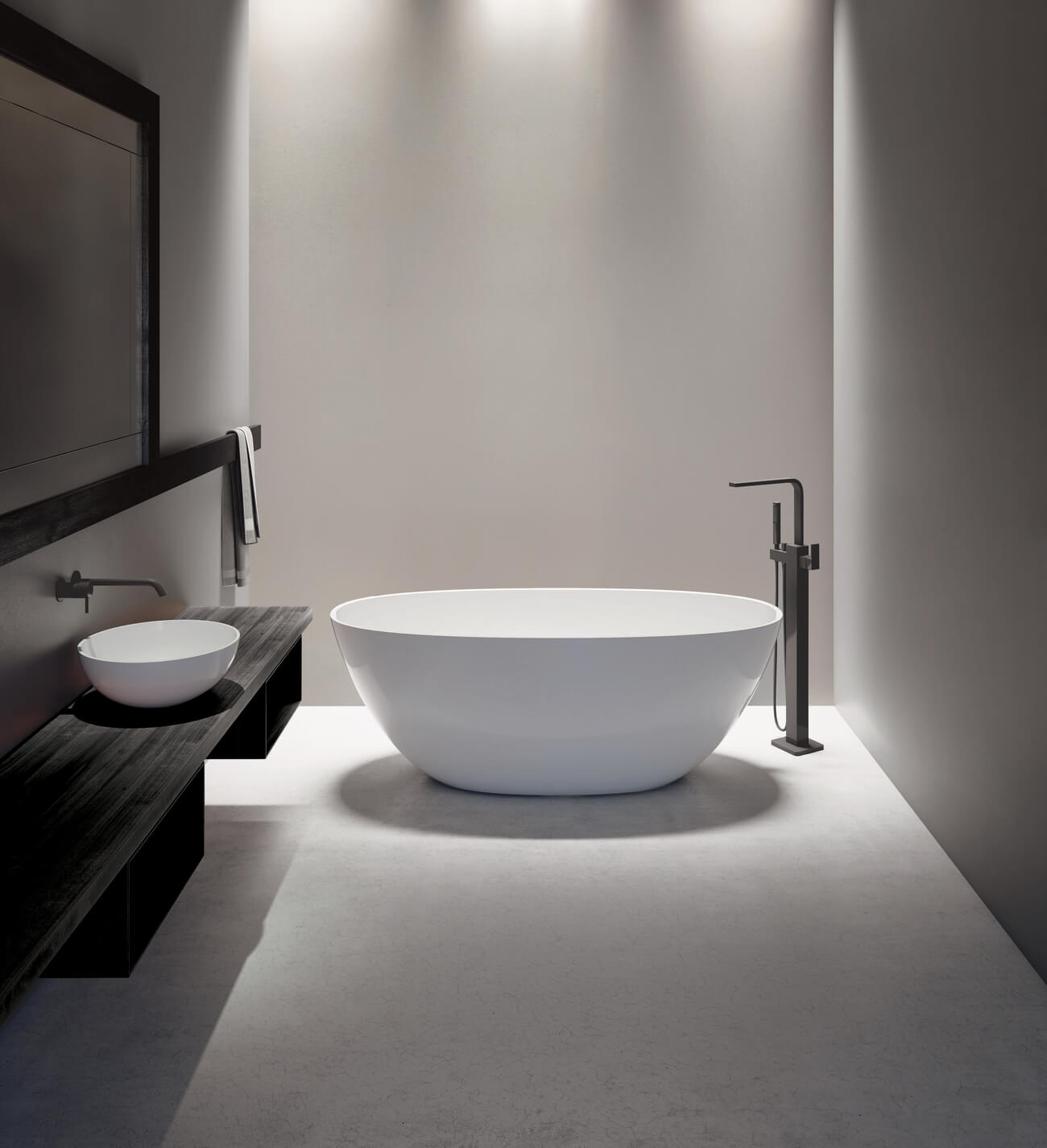 Minimalist bathroom with a freestanding white bathtub and modern black fixtures for private label, ODM and retail sales
