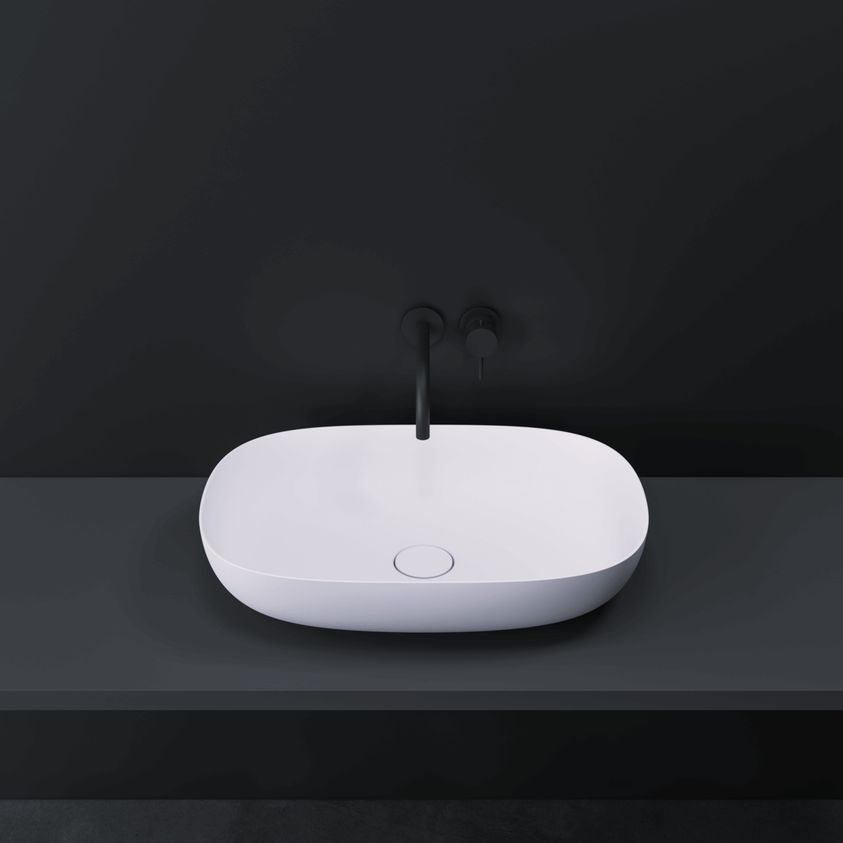 Oval countertop washbasin in matte white finish, designed for modern bathroom furniture and residential interiors.