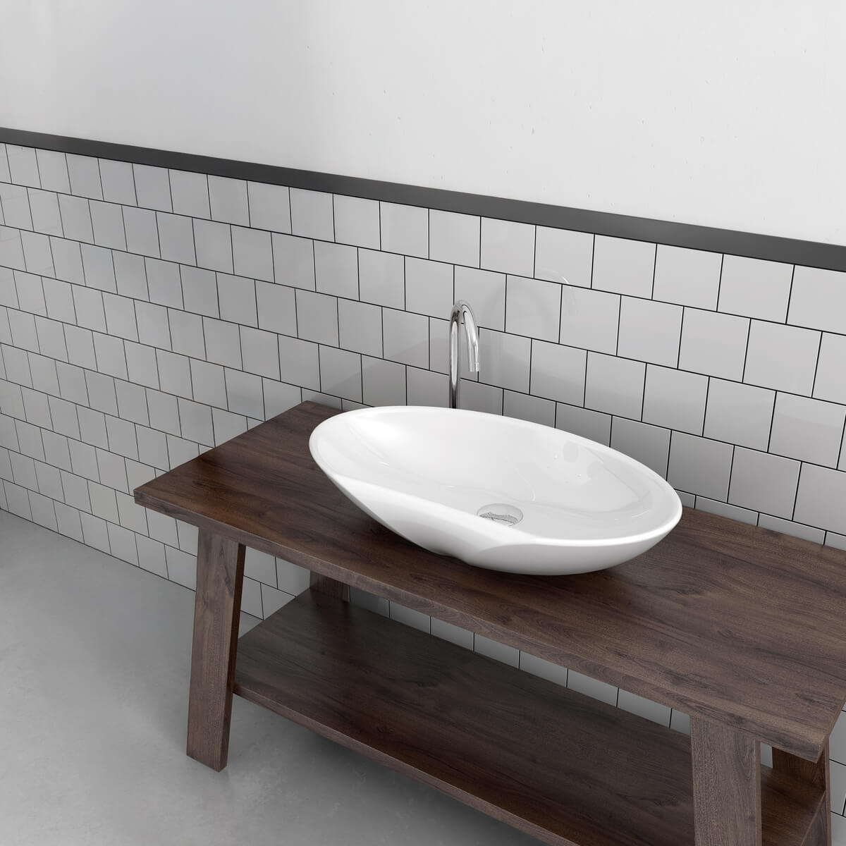 Oval countertop washbasin with smooth surface, modern bathroom sink placed on wooden vanity