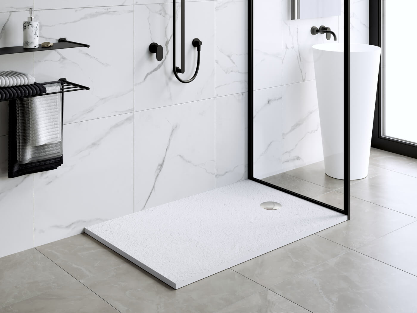 Custom-made shower tray designed for modern bathroom and corner shower enclosure